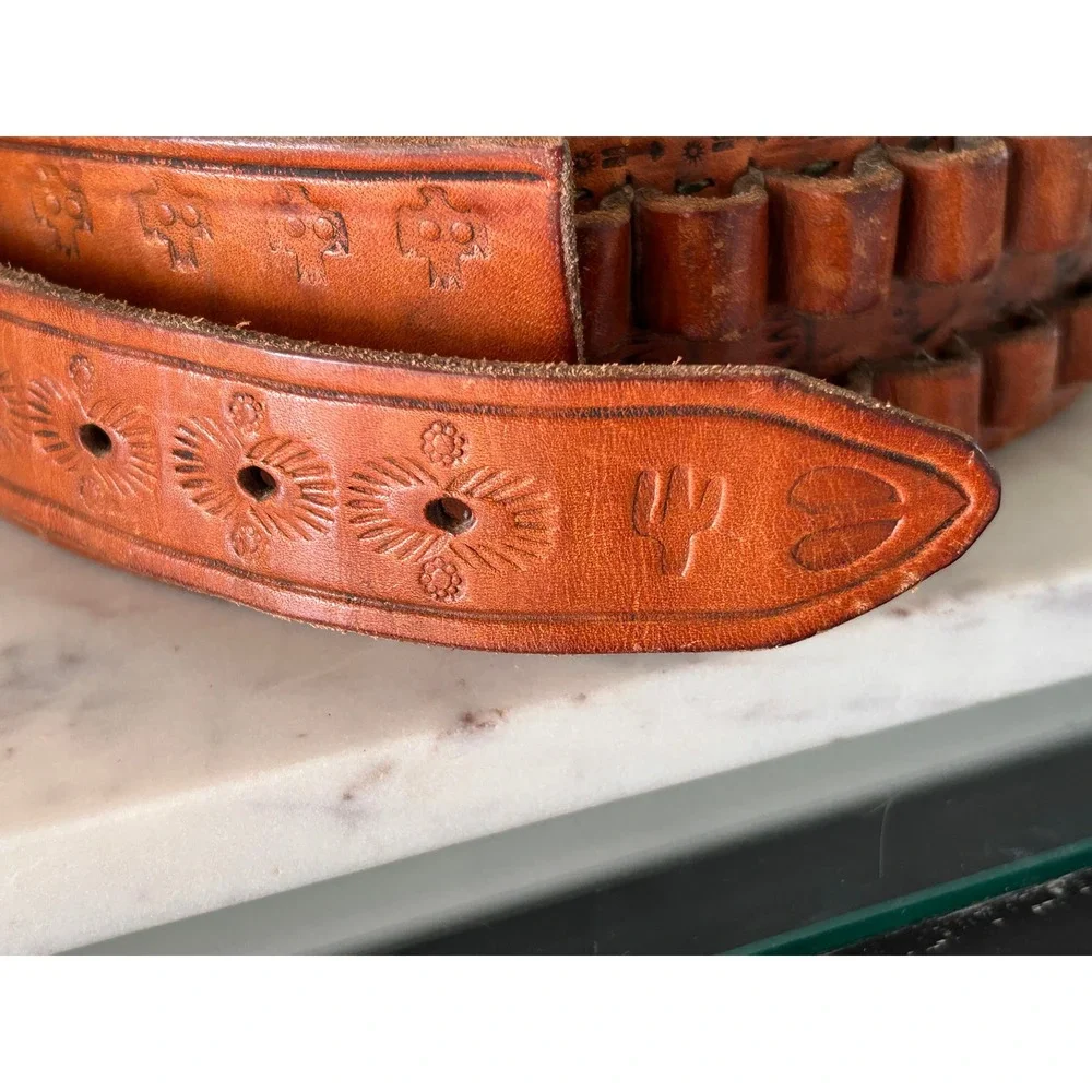 Vintage Tooled Leather Cartridge Belt Western Cowboy Longhorn Cactus 36 Inch